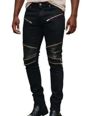 Gods Masterful Children Moto Jeans Mens 38x32 Black Skinny Zipped Leather Biker